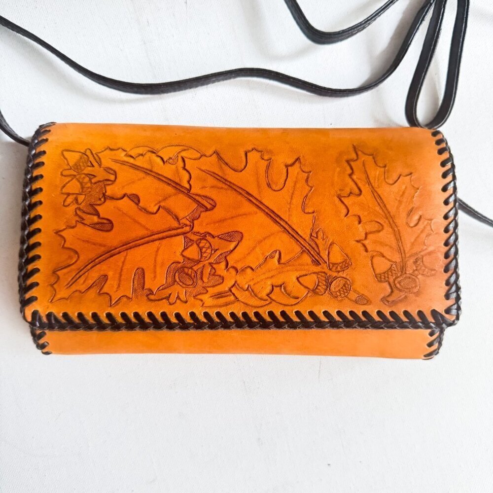 Vintage Leather Hand Tooled Leaf Acorn Print Wallet on A strap Crossbody